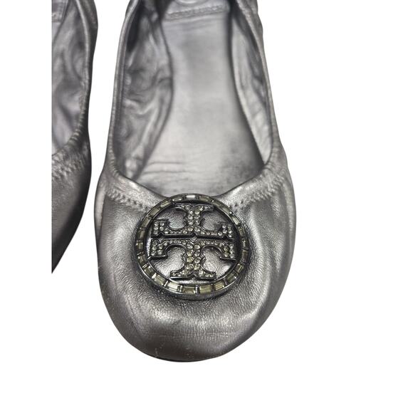 Tory Burch Silver Flats with Jeweled Logo - Picture 4 of 7